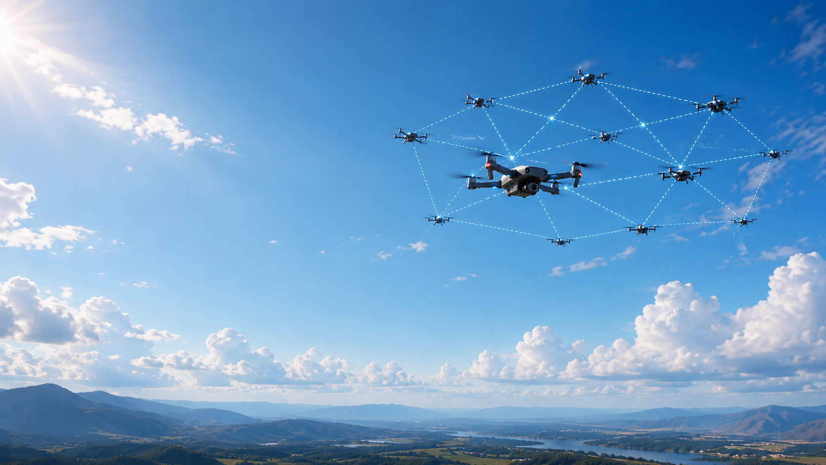 Skylaris drone swarm connected by a cooperative wireless mesh over an open landscape
